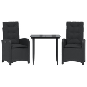 3 pcs conjunto de jantar p/ jardim c/ almofadões vime PE preto H