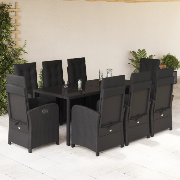 Set de comedor de jardín 9 pzas y cojines ratán sintético negro D