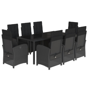9 pcs conjunto de jantar p/ jardim c/ almofadões vime PE preto H