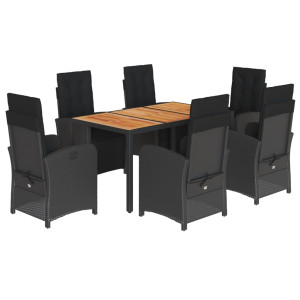 7 pcs conjunto de jantar p/ jardim c/ almofadões vime PE preto H