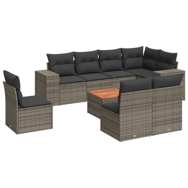 Set de muebles de jardín 9 pzas y cojines ratán sintético gris M 2