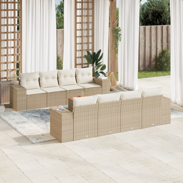 Set de sofás de jardín 9 pzas con cojines ratán sintético beige D