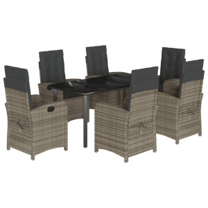 7 pcs conjunto de jantar p/ jardim c/ almofadões vime PE cinza H