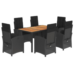 7 pcs conjunto de jantar p/ jardim c/ almofadões vime PE preto H