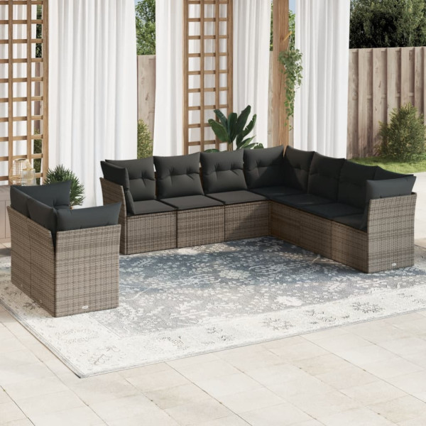 9 pcs conjunto sofás p/ jardim com almofadões vime PE cinzento D
