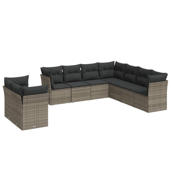9 pcs conjunto sofás p/ jardim com almofadões vime PE cinzento M 2