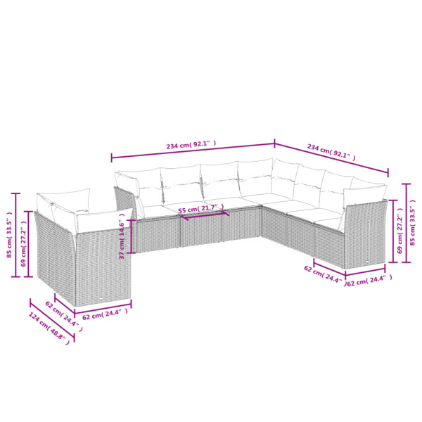 Set de muebles de jardín 9 pzas y cojines ratán sintético gris M 3