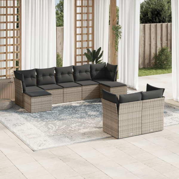 Set de muebles de jardín 9 pzas y cojines ratán sintético gris D