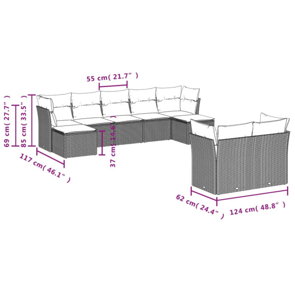 Set de muebles de jardín 9 pzas y cojines ratán sintético gris M 3