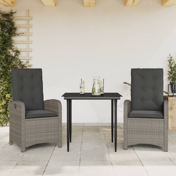 Set comedor de jardín 3 piezas con cojines ratán sintético gris D