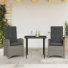 Set comedor de jardín 3 piezas con cojines ratán sintético gris 1