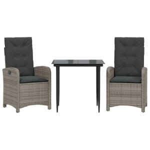 3 pcs conjunto de jantar p/ jardim c/ almofadões vime PE cinza H
