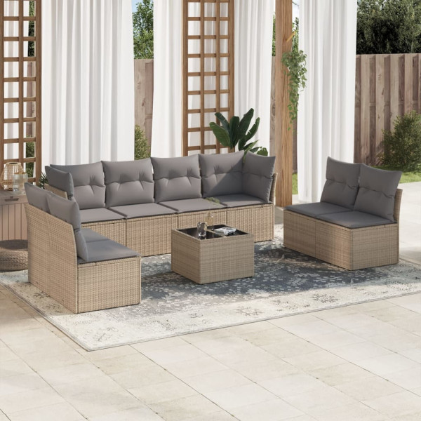 Set de sofás de jardín 9 pzas con cojines ratán sintético beige D