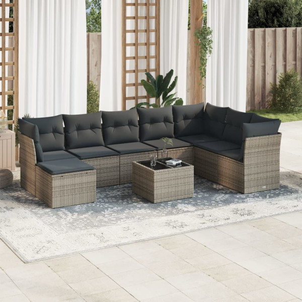 Set de muebles de jardín 9 pzas y cojines ratán sintético gris D