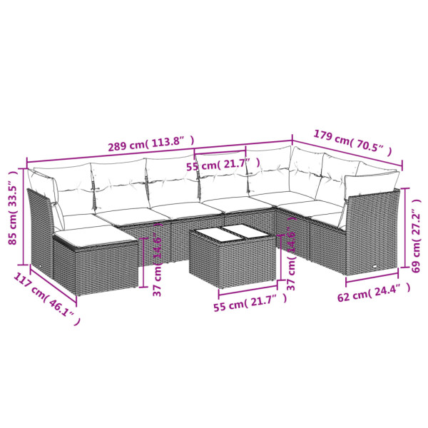 9 pcs conjunto sofás p/ jardim com almofadões vime PE cinzento M 3