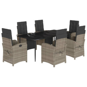7 pcs conjunto de jantar p/ jardim c/ almofadões vime PE cinza H