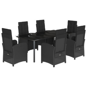 7 pcs conjunto de jantar p/ jardim c/ almofadões vime PE preto H