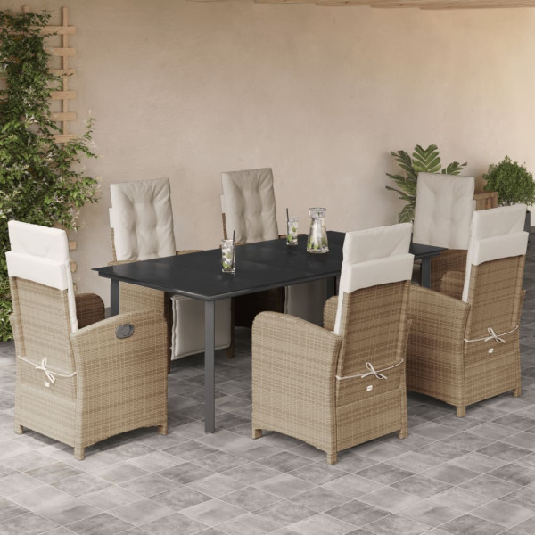 Set comedor de jardín 7 pzas con cojines ratán sintético beige D