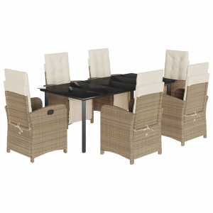 7 pcs conjunto de jantar p/ jardim com almofadões vime PE bege H