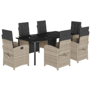 7 pcs conj. jantar p/ jardim c/ almofadões vime PE cinza-claro H