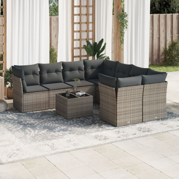 Set de muebles de jardín 9 pzas y cojines ratán sintético gris D
