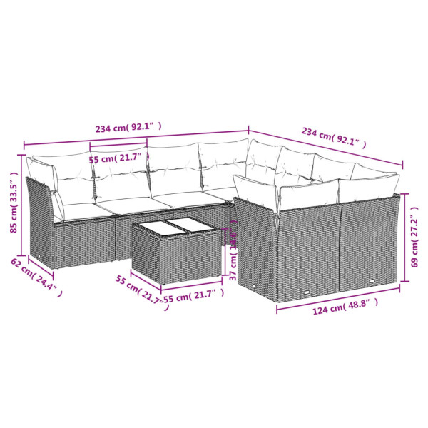 9 pcs conjunto sofás p/ jardim com almofadões vime PE cinzento M 3