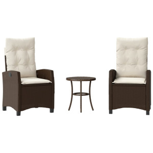 Cadeiras e mesa de jardim com almofadas 3 peças ratão PE marrom H