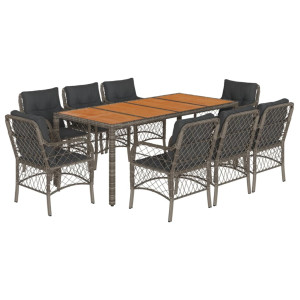 9 pcs conjunto de jantar p/ jardim c/ almofadões vime PE cinza H