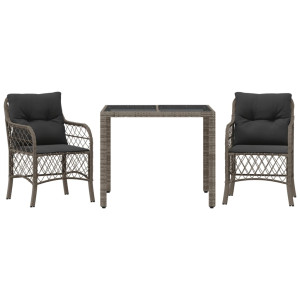 3 pcs conjunto bistrô com almofadões vime PE cinza H