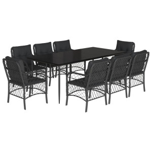 9 pcs conjunto de jantar p/ jardim c/ almofadões vime PE preto H