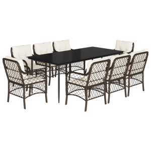 9 pcs conjunto jantar p/ jardim c/ almofadões vime PE castanho H