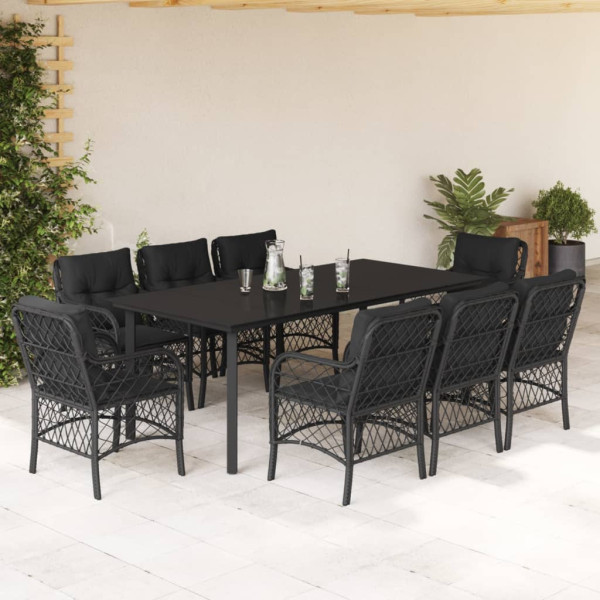 Set de comedor de jardín 9 pzas y cojines ratán sintético negro D