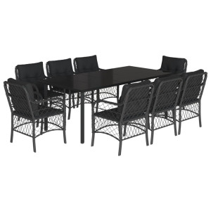 9 pcs conjunto de jantar p/ jardim c/ almofadões vime PE preto H