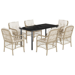 7 pcs conjunto de jantar p/ jardim com almofadões vime PE bege H