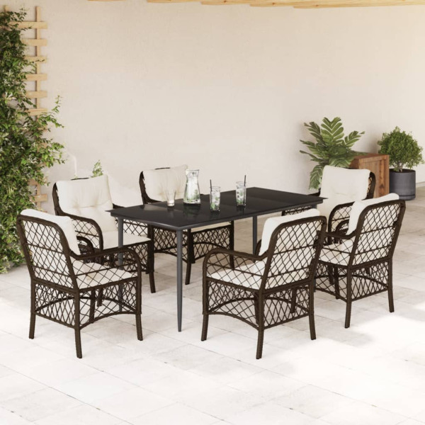Set comedor de jardín 7 pzas con cojines ratán sintético marrón D