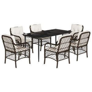 7 pcs conjunto jantar p/ jardim c/ almofadões vime PE castanho H