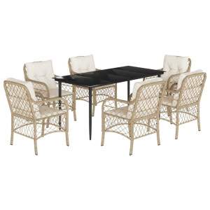 7 pcs conjunto de jantar p/ jardim com almofadões vime PE bege H