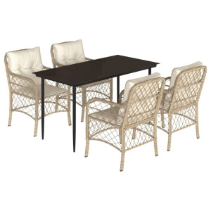 5 pcs conjunto de jantar p/ jardim com almofadões vime PE bege H