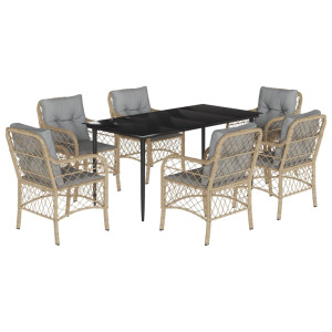 7 pcs conj. jantar jardim c/ almofadões vime PE bege misturado H