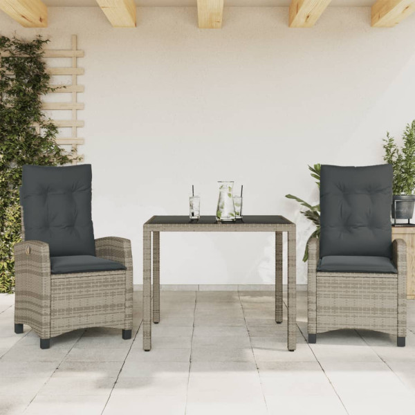 Set comedor de jardín 3 piezas con cojines ratán sintético gris D