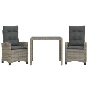3 pcs conjunto de jantar p/ jardim c/ almofadões vime PE cinza H