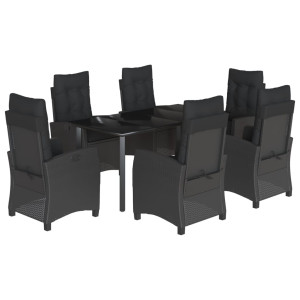 7 pcs conjunto de jantar p/ jardim c/ almofadões vime PE preto H