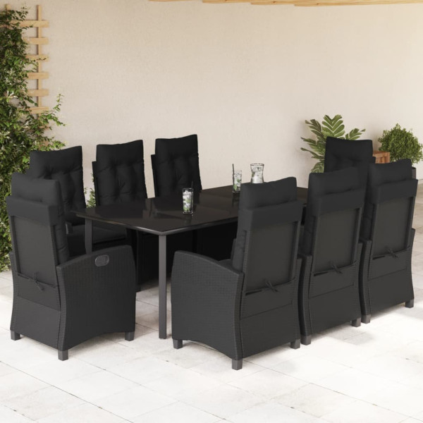 9 pcs conjunto de jantar p/ jardim c/ almofadões vime PE preto D