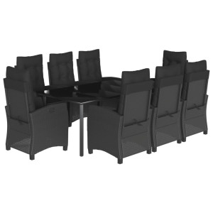 9 pcs conjunto de jantar p/ jardim c/ almofadões vime PE preto H