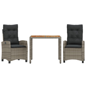 3 pcs conjunto de jantar p/ jardim c/ almofadões vime PE cinza H