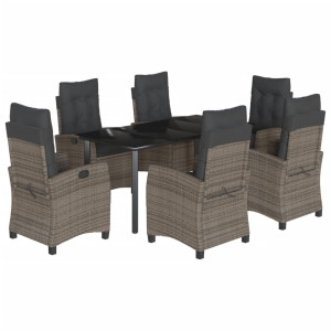 7 pcs conjunto de jantar p/ jardim c/ almofadões vime PE cinza H