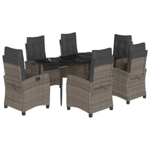 7 pcs conjunto de jantar p/ jardim c/ almofadões vime PE cinza H