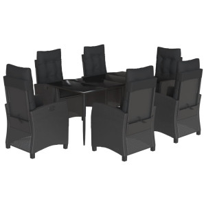 7 pcs conjunto de jantar p/ jardim c/ almofadões vime PE preto H