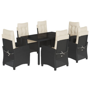 7 pcs conjunto de jantar p/ jardim c/ almofadões vime PE preto H