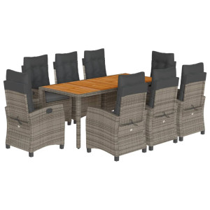 9 pcs conjunto de jantar p/ jardim c/ almofadões vime PE cinza H